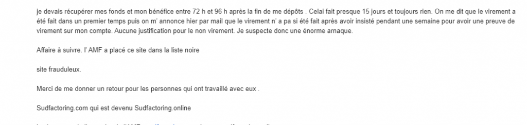Arnaque n°902 : Sudfactoring.com - Témoignage poignant d’une victime
