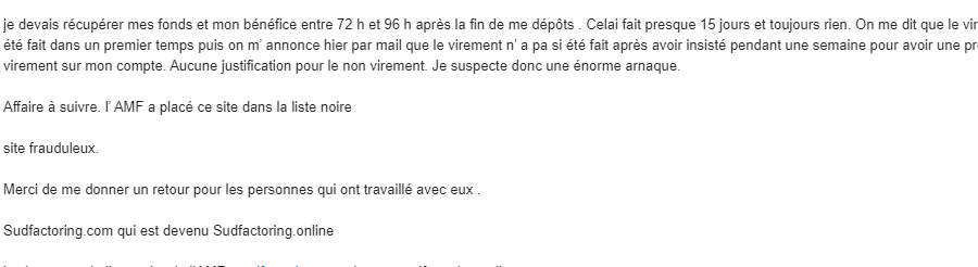 Arnaque n°902 : Sudfactoring.com - Témoignage poignant d’une victime
