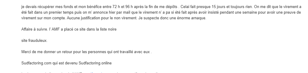 Arnaque n°902 : Sudfactoring.com - Témoignage poignant d’une victime