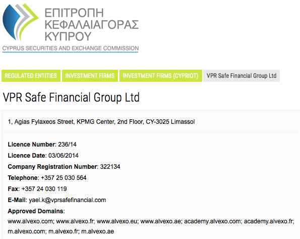 Page de l'autorité chypriote des marchés financiers consacrée à VPR Safe Financial Group