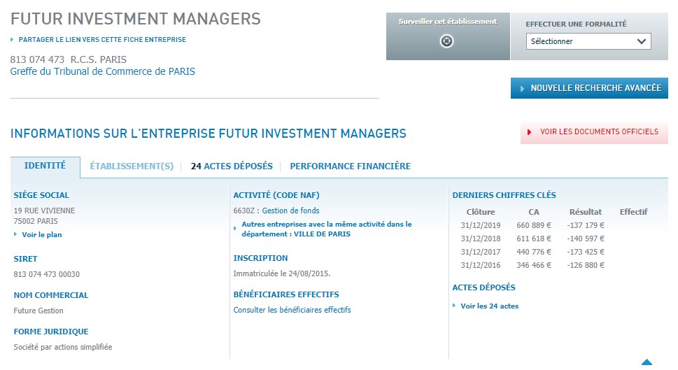 Dans le registre de l’Infogreffe, Futur Investment Managers existe. Mais ce n’est clairement pas cette entreprise qui pilote Futur-investment.com.