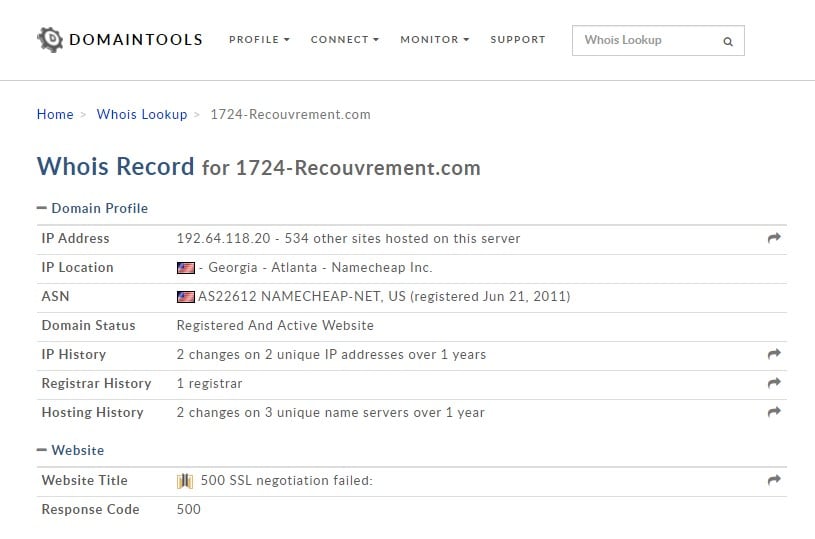 Le WHOIS de 1724-recrouvement.com couve bien nos doutes. Pas d’informations sur les créateurs de la plateforme. Bizarre !