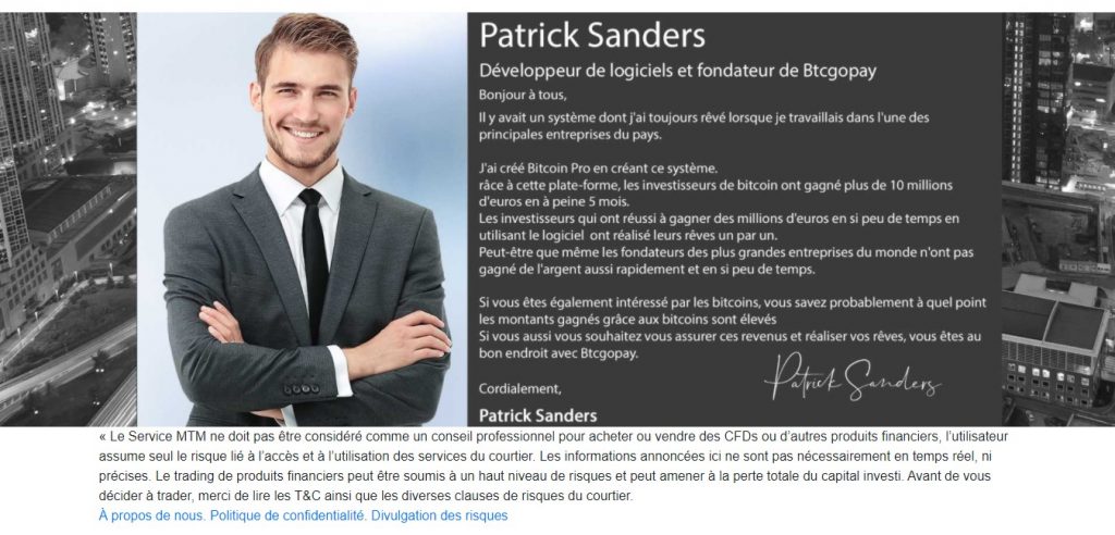 Patrick Sanders, le bel homme qui serait derrière la machine de Landing.marketstm.com/fr/mtm7_btc_safe_b2go_fr. Bien entendu, c’est un mensonge.