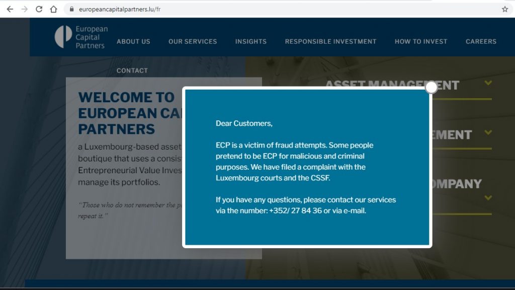 European Capital Partners informe qu’elle est victime d’une usurpation d’identité. Le site usurpateur ? Europeancapitalpartners.fr.
