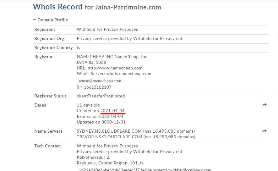 Le WHOIS de Jaina-patrimoine.com nous permet de confirmer que le site n’a pas été créé en 2019.