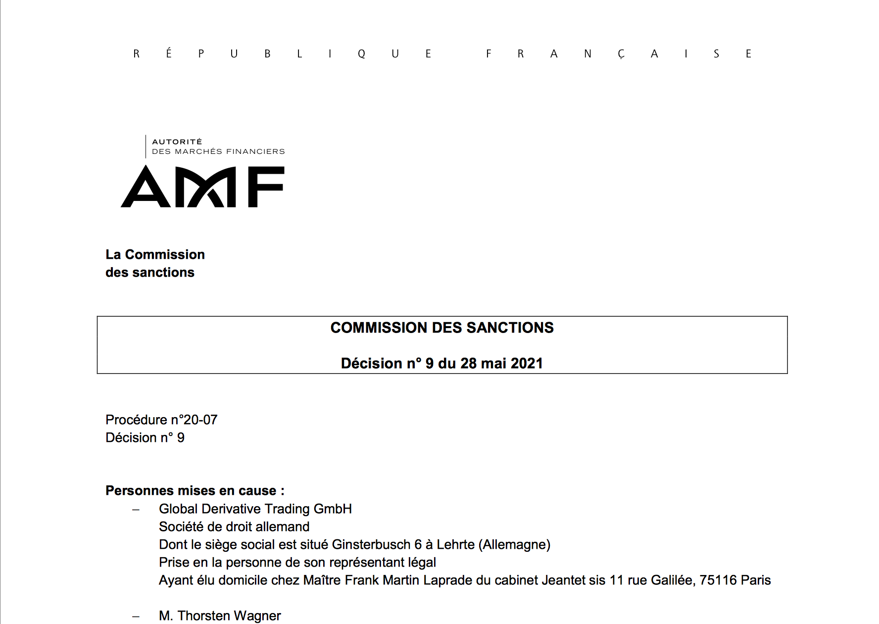 l'AMF sanctionne Global Derivative Trading GmbH et ...