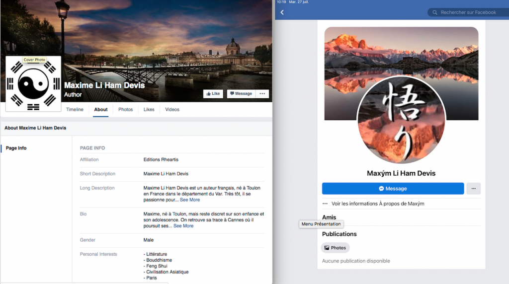 Comparaison du profil Facebook de Maxime Li Ham Devis en 2016 et de son profil en 2021. L'orthographe évolue.