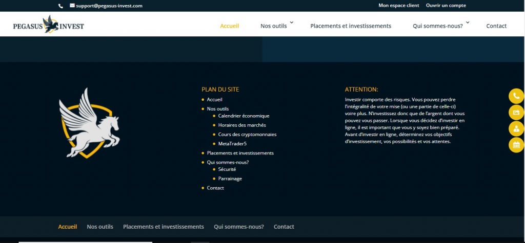 Le bas de page de Pegasus-invest.com ne comporte pas de mentions légales.