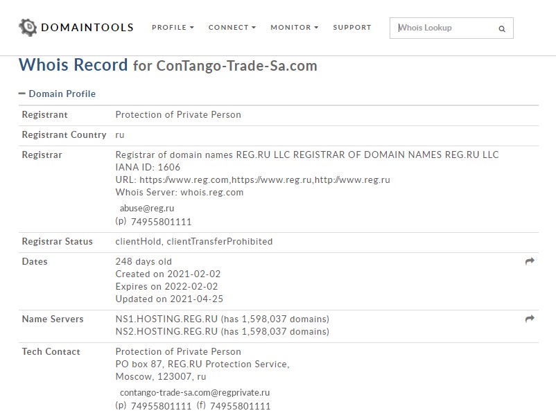 Que révèle le WHOIS de Contago-trader-sa.com ? Il appartient à des arnaqueurs.