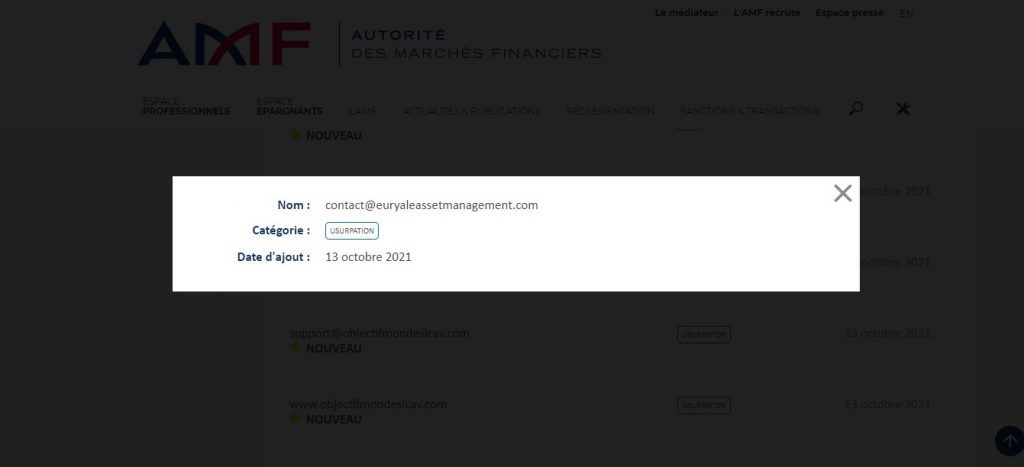 Selon l’AMF, c%6f%6e%74%61c%74%40e%75%72%79a%6cea%73s%65tm%61%6eag%65men%74.%63om constitue la propriété des arnaqueurs.