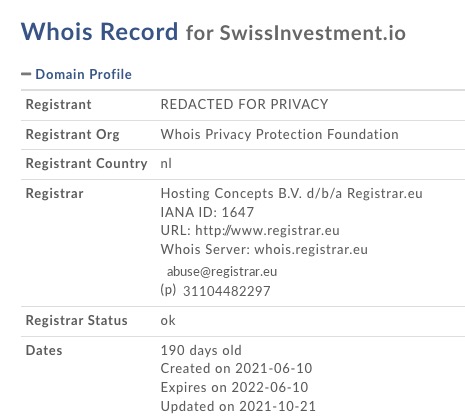 swissinvestment whois