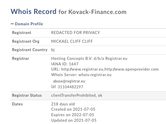 kovack finance.com whois