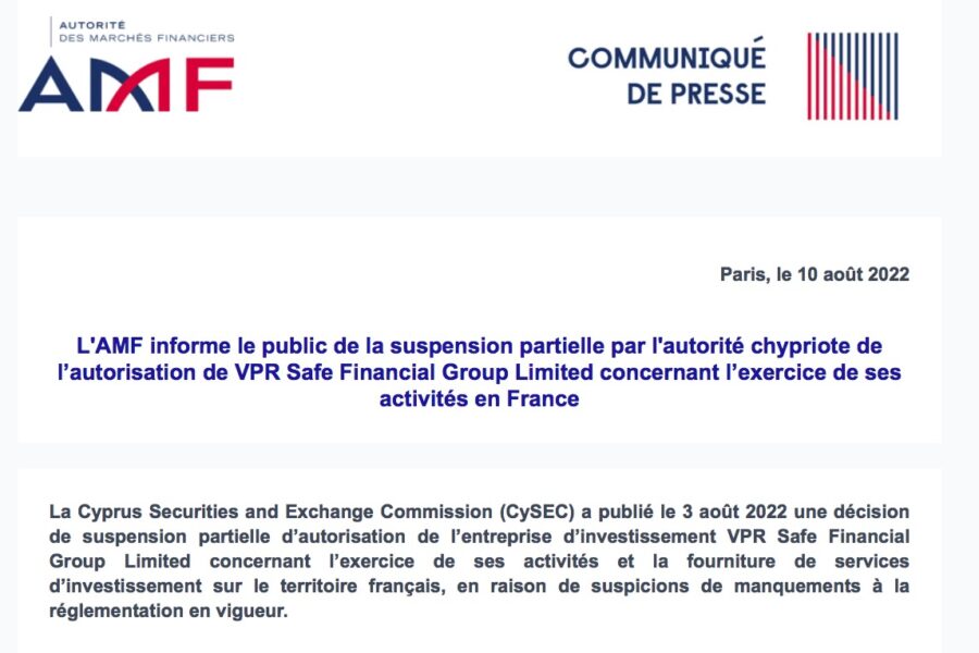 VPR Safe Financial Groupe Cysec AMF