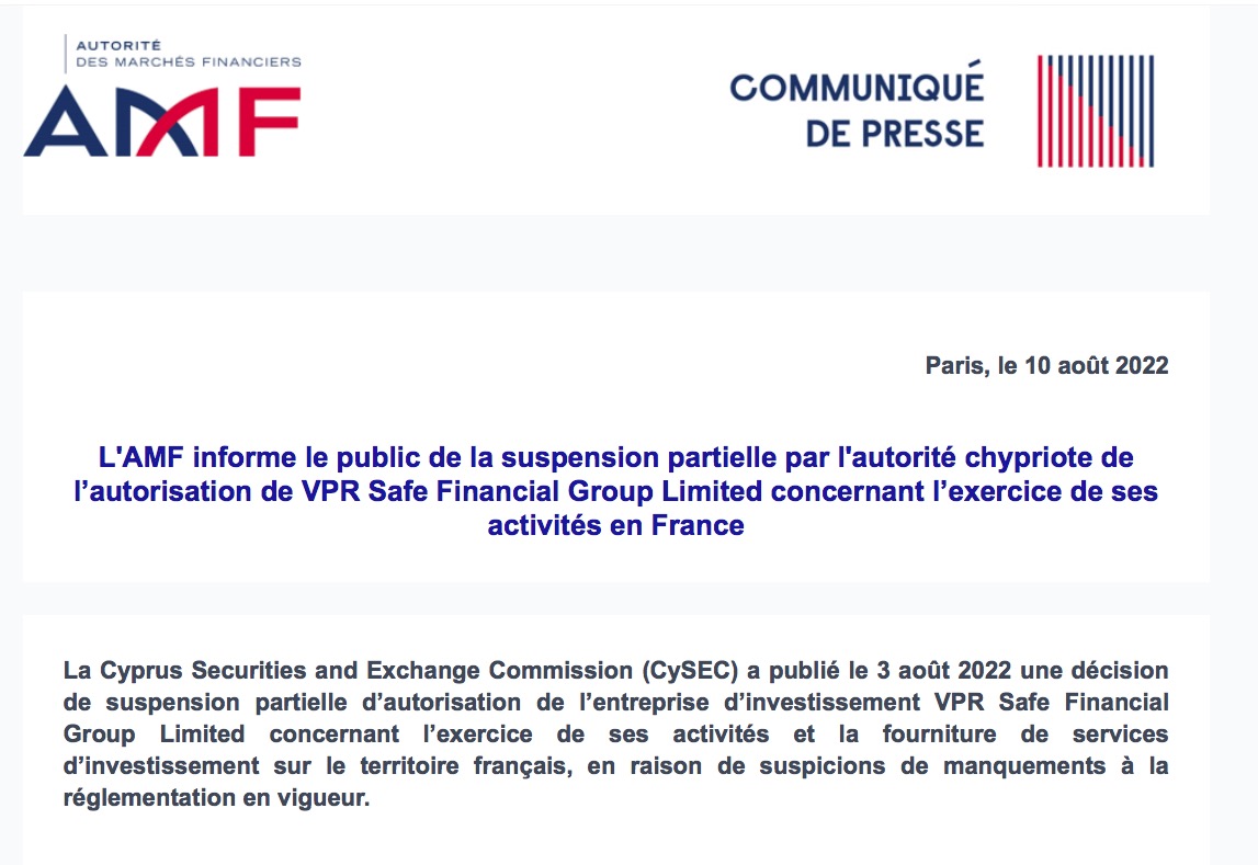 VPR Safe Financial Groupe Cysec AMF