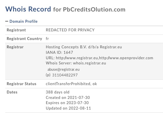 pbcreditsolution.com whois