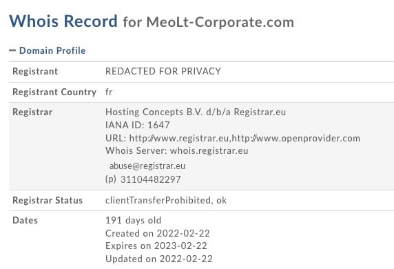 MEOLT CORPORATE.COM whois