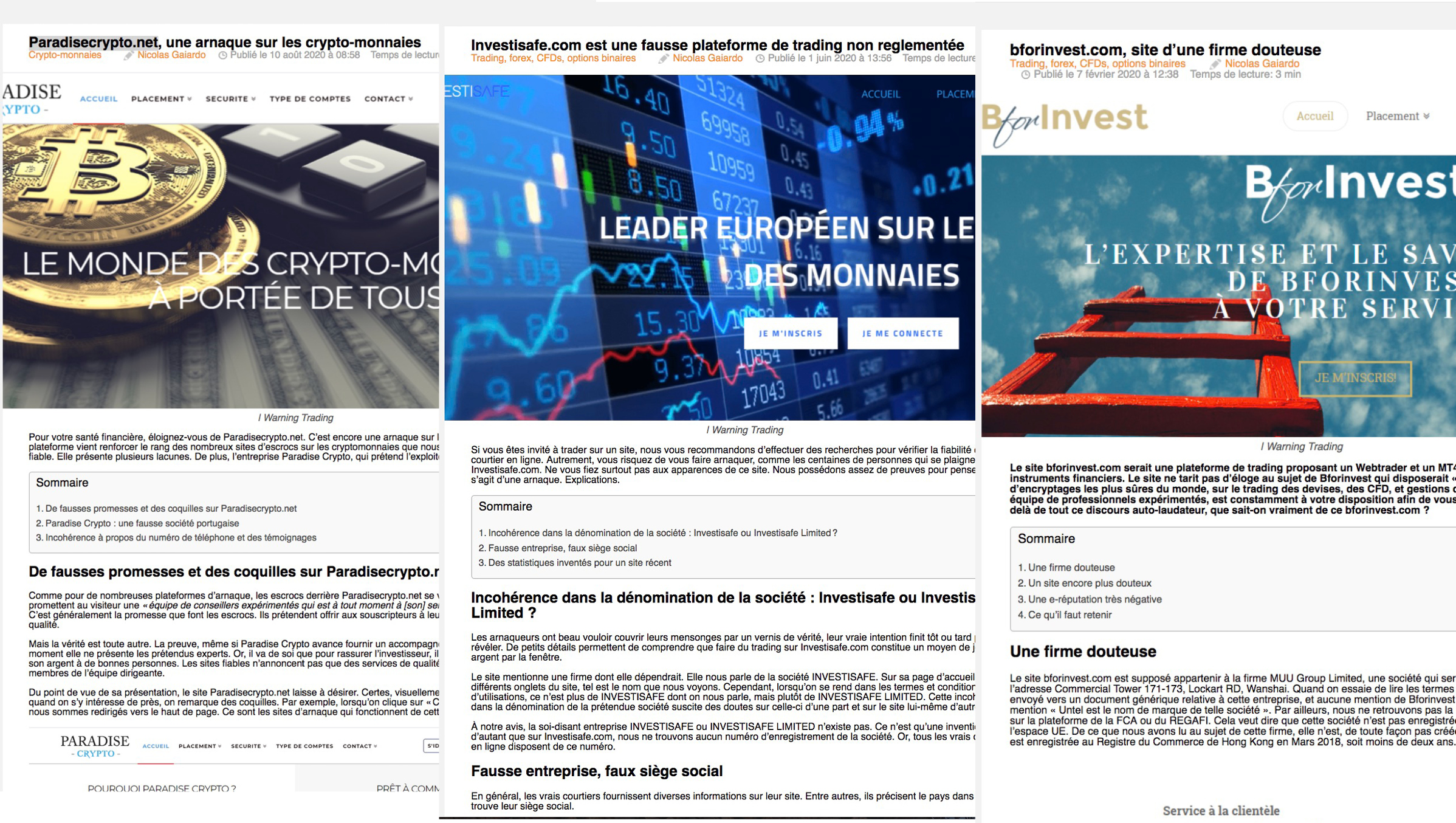 bforinvest.com, Investisafe.com et paradisecrypto.net
