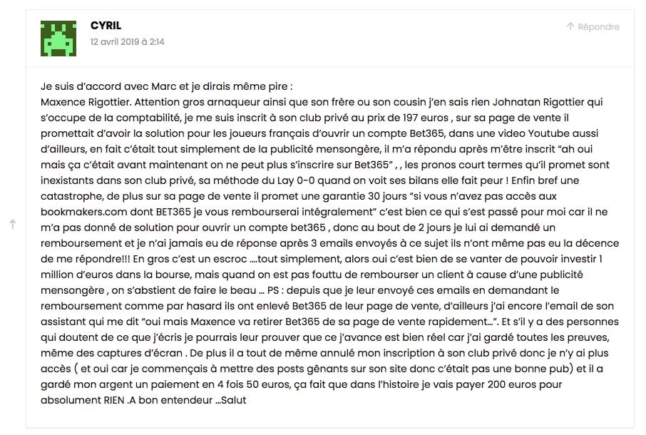 Commentaire negatif mewence rigottier