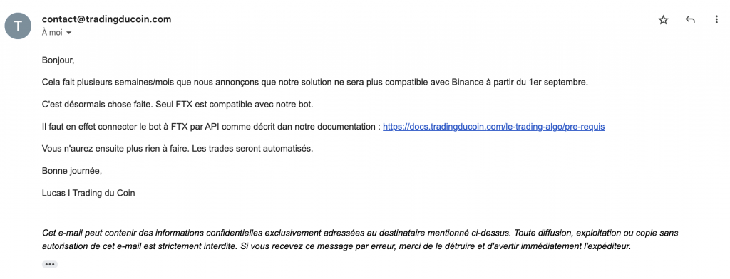 Mail trading du coin FTX Binance