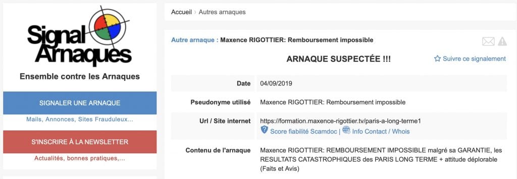 Maxence rigottier signal arnaque