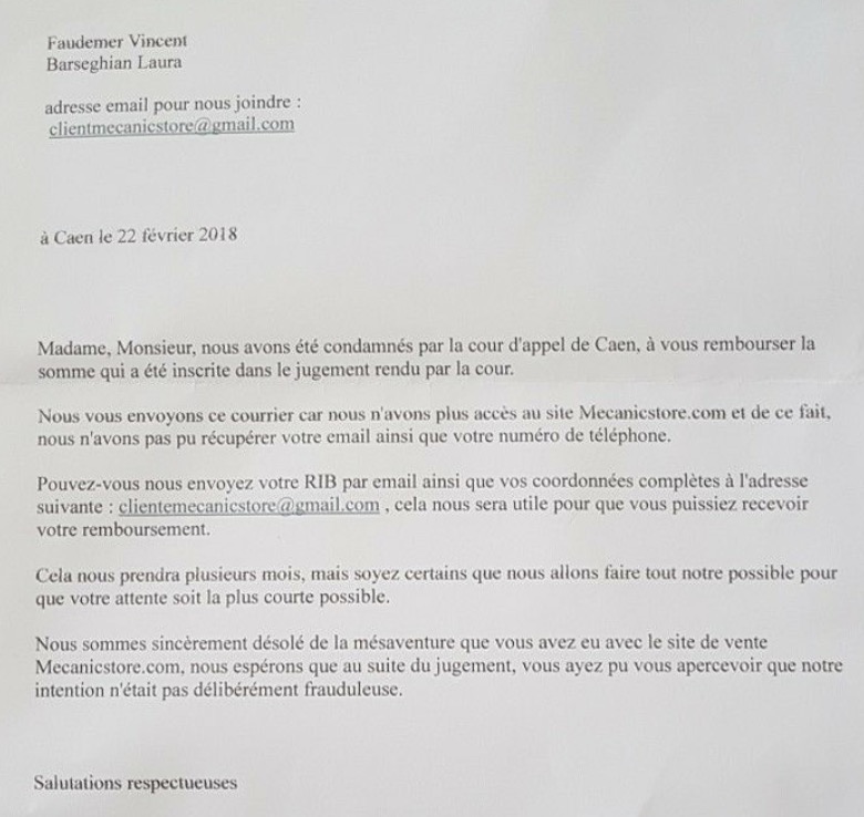 Message victimes mecanistore