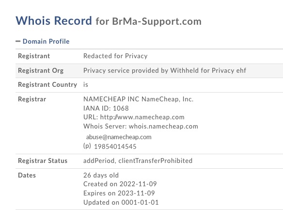 brma support.com whois