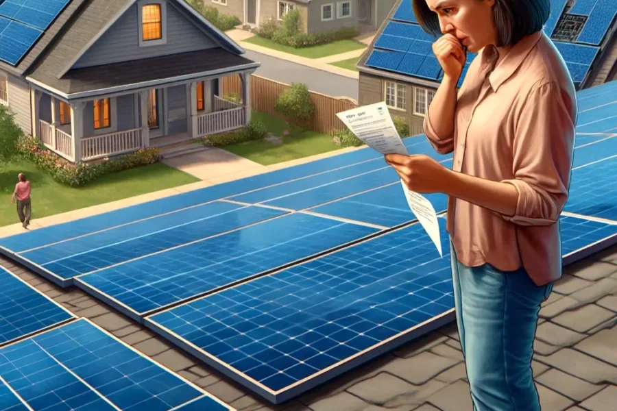 Femme qui ne croît plus à l'autofinancement de ses panneaux photovoltaïques