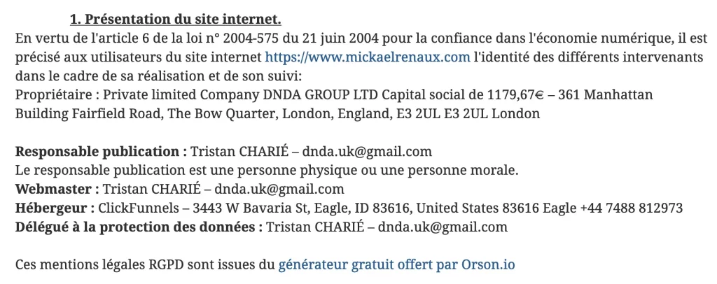 mentions légales "Private limited Company DNDA Group LTD"