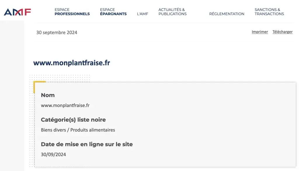 monplantfraise.fr AMF liste noire