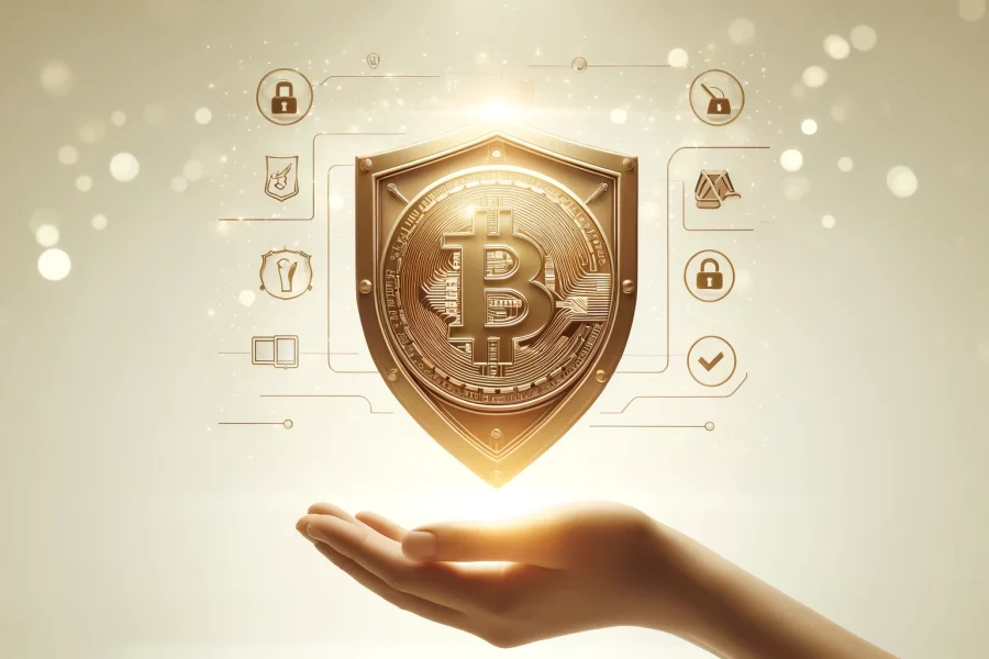 Une main soutient un bouclier de défense, en apesanteur, représentant les cryptomonnaies