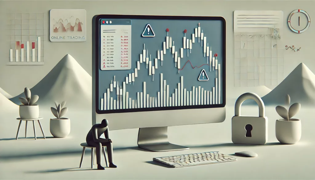 Image minimaliste en format paysage représentant un concept d'escroquerie en ligne dans le domaine du trading. L'écran d'ordinateur affiche un graphique boursier simple avec une tendance à la baisse, accompagné de légers signes d'avertissement. Une personne assise au bureau consulte l'écran avec prudence, tandis qu'une icône de cadenas symbolise les mesures de sécurité. L'ambiance est calme, avec des couleurs neutres et un éclairage doux, sans éléments visuels tapageurs ni surcharge d'informations.