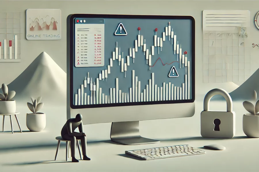 Image minimaliste en format paysage représentant un concept d'escroquerie en ligne dans le domaine du trading. L'écran d'ordinateur affiche un graphique boursier simple avec une tendance à la baisse, accompagné de légers signes d'avertissement. Une personne assise au bureau consulte l'écran avec prudence, tandis qu'une icône de cadenas symbolise les mesures de sécurité. L'ambiance est calme, avec des couleurs neutres et un éclairage doux, sans éléments visuels tapageurs ni surcharge d'informations.