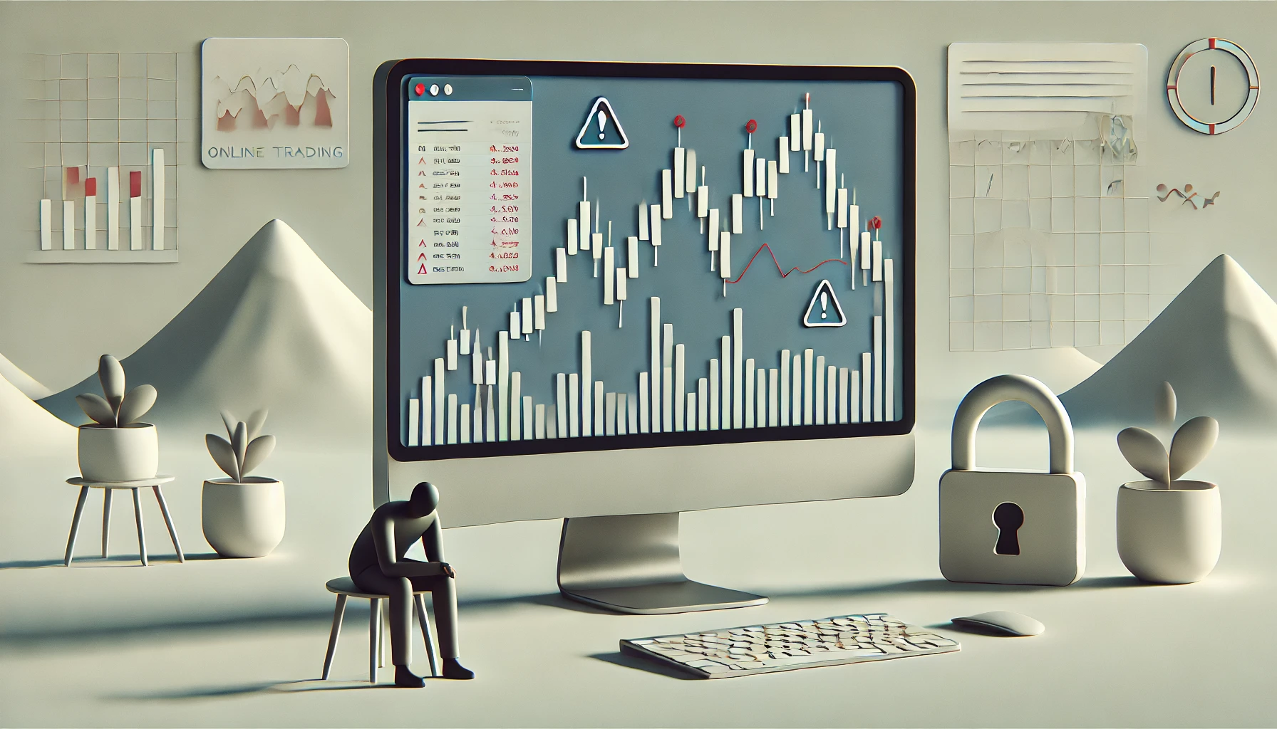 Image minimaliste en format paysage représentant un concept d'escroquerie en ligne dans le domaine du trading. L'écran d'ordinateur affiche un graphique boursier simple avec une tendance à la baisse, accompagné de légers signes d'avertissement. Une personne assise au bureau consulte l'écran avec prudence, tandis qu'une icône de cadenas symbolise les mesures de sécurité. L'ambiance est calme, avec des couleurs neutres et un éclairage doux, sans éléments visuels tapageurs ni surcharge d'informations.