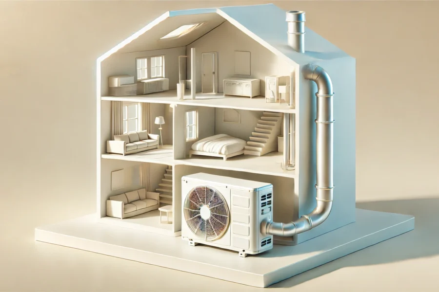 Image surréaliste et minimaliste aux tons clairs montrant une découpe d'une maison moderne, révélant à la fois l'intérieur avec le bloc ventilant de la pompe à chaleur et l'extérieur avec son bloc moteur. L'image évoque confort, sécurité et fiabilité dans une atmosphère lumineuse et paisible.