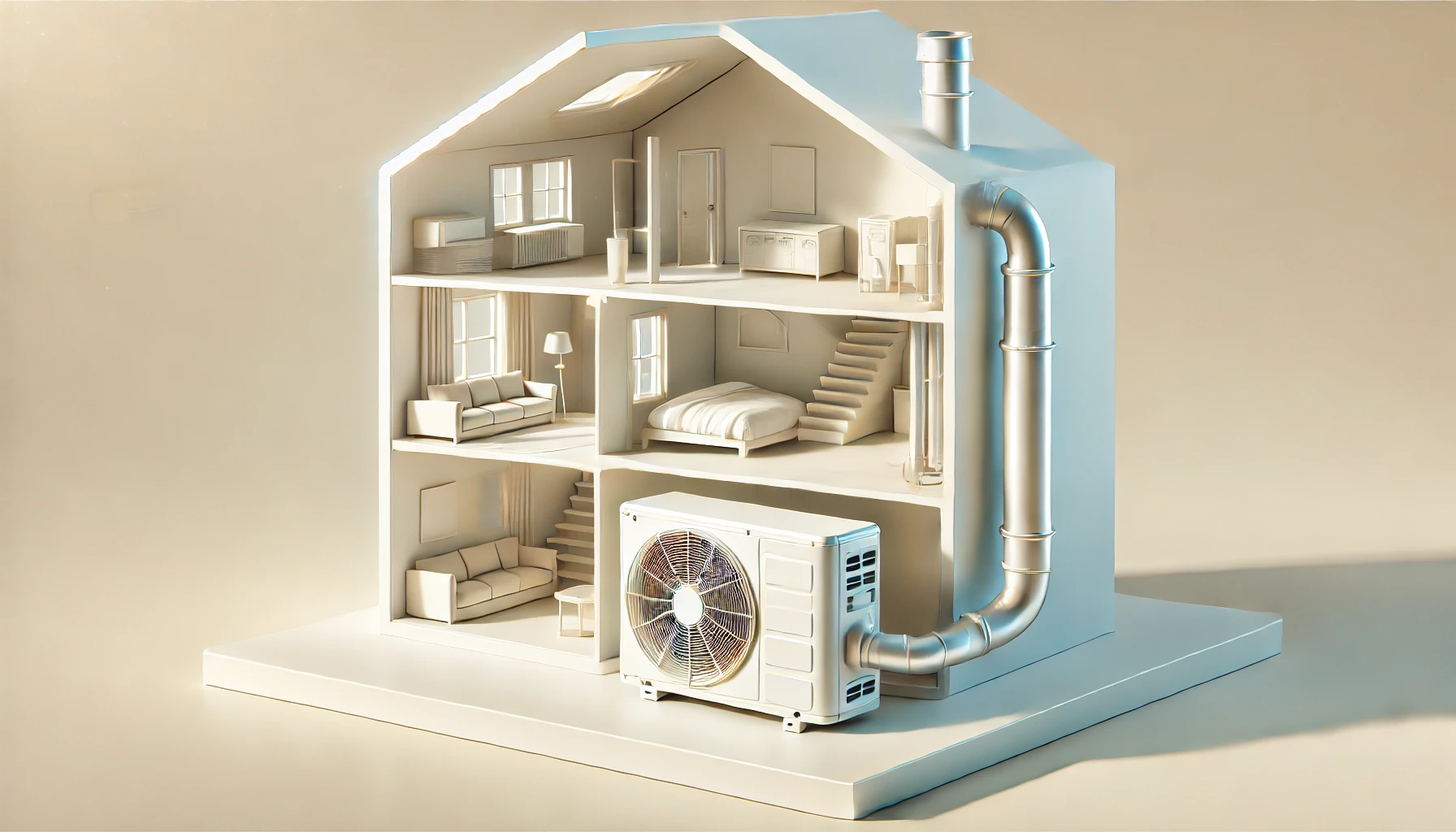 Image surréaliste et minimaliste aux tons clairs montrant une découpe d'une maison moderne, révélant à la fois l'intérieur avec le bloc ventilant de la pompe à chaleur et l'extérieur avec son bloc moteur. L'image évoque confort, sécurité et fiabilité dans une atmosphère lumineuse et paisible.