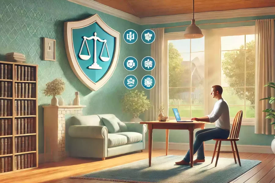 Une personne assise à une table dans un salon lumineux, travaillant sur un ordinateur portable. Sur le mur, un grand emblème en forme de balance symbolisant la justice et la protection. Plusieurs icônes flottent autour, représentant des outils et services numériques. La pièce est chaleureusement décorée avec une bibliothèque, des plantes, et une grande fenêtre laissant entrer la lumière naturelle.