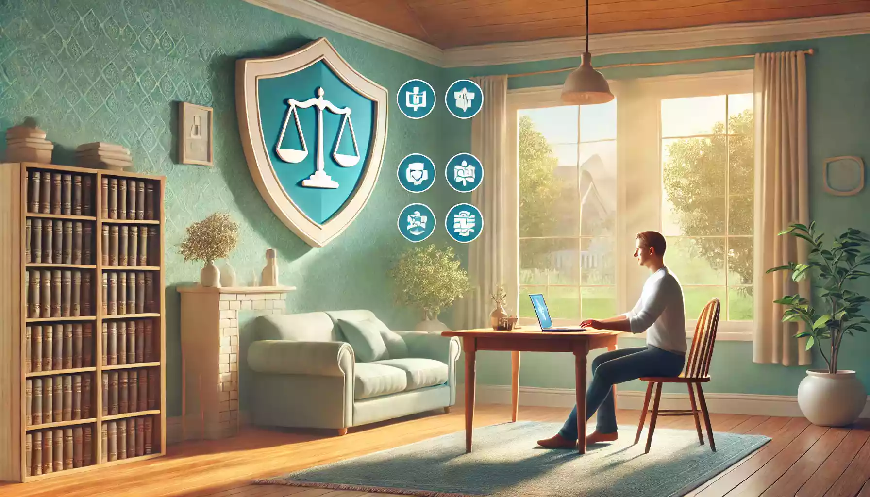 Une personne assise à une table dans un salon lumineux, travaillant sur un ordinateur portable. Sur le mur, un grand emblème en forme de balance symbolisant la justice et la protection. Plusieurs icônes flottent autour, représentant des outils et services numériques. La pièce est chaleureusement décorée avec une bibliothèque, des plantes, et une grande fenêtre laissant entrer la lumière naturelle.
