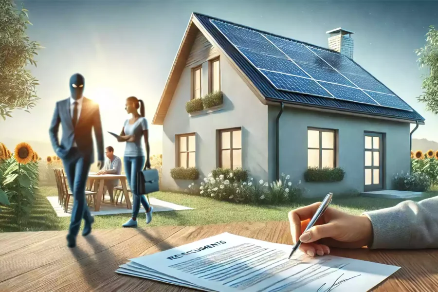 Une maison moderne équipée de panneaux solaires sous un ciel bleu clair. Au premier plan, une famille consulte des documents avec un professionnel de confiance, tandis qu'en arrière-plan, une silhouette floue d'un escroc s'éloigne, illustrant l'évitement des arnaques dans le domaine des installations photovoltaïques.