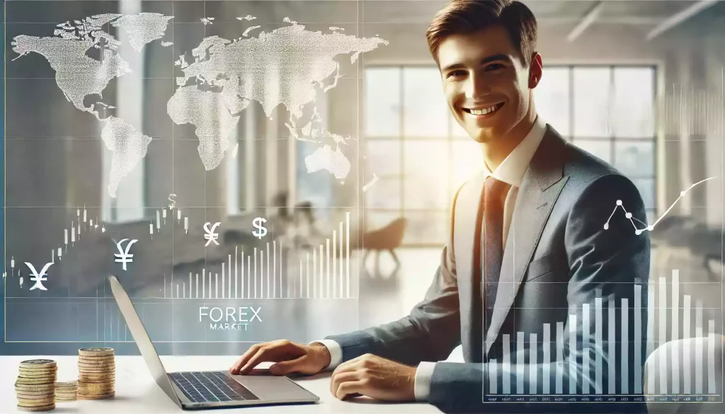 Personne confiante consultant des graphiques financiers sur un ordinateur portable dans un environnement de bureau épuré, symbolisant la sécurité dans la gestion des investissements Forex