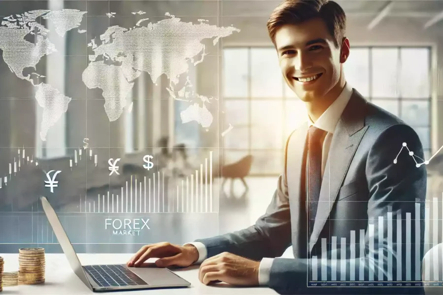 Personne confiante consultant des graphiques financiers sur un ordinateur portable dans un environnement de bureau épuré, symbolisant la sécurité dans la gestion des investissements Forex