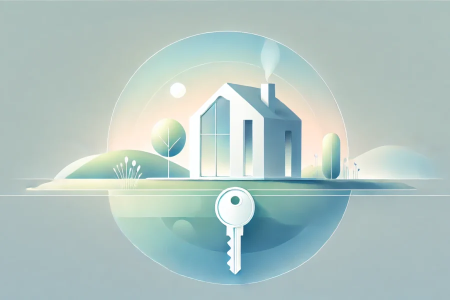 Illustration minimaliste d'une maison stylisée avec une clé flottante évoquant la transparence et la protection dans les transactions immobilières