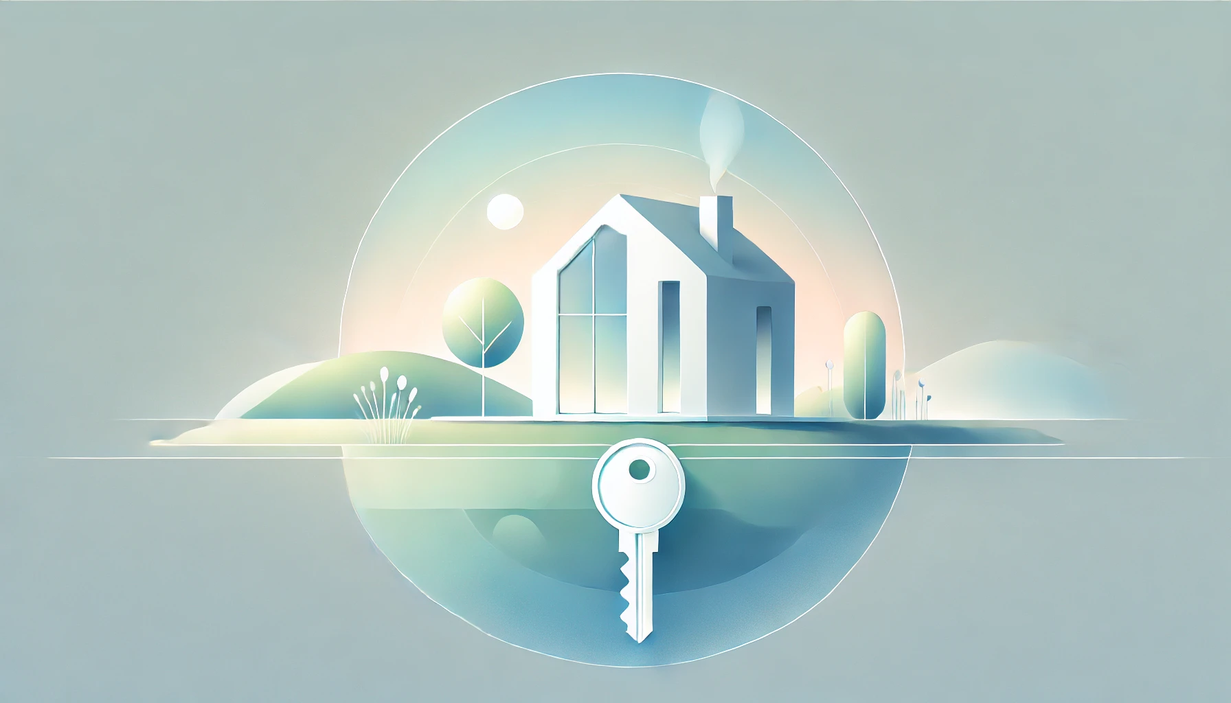 Illustration minimaliste d'une maison stylisée avec une clé flottante évoquant la transparence et la protection dans les transactions immobilières