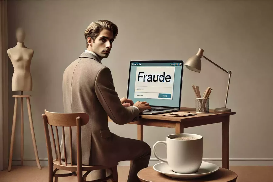 Un jeune homme, en tenue professionnelle décontractée, est assis à son bureau avec un ordinateur affichant le mot "fraude". Il tourne la tête, regardant directement vers le spectateur, donnant l'impression d'être surpris en pleine action. Autour de lui, un café dans un grand gobelet blanc avec un manchon en carton craft, sur un bureau épuré dans un style surréaliste et minimaliste.