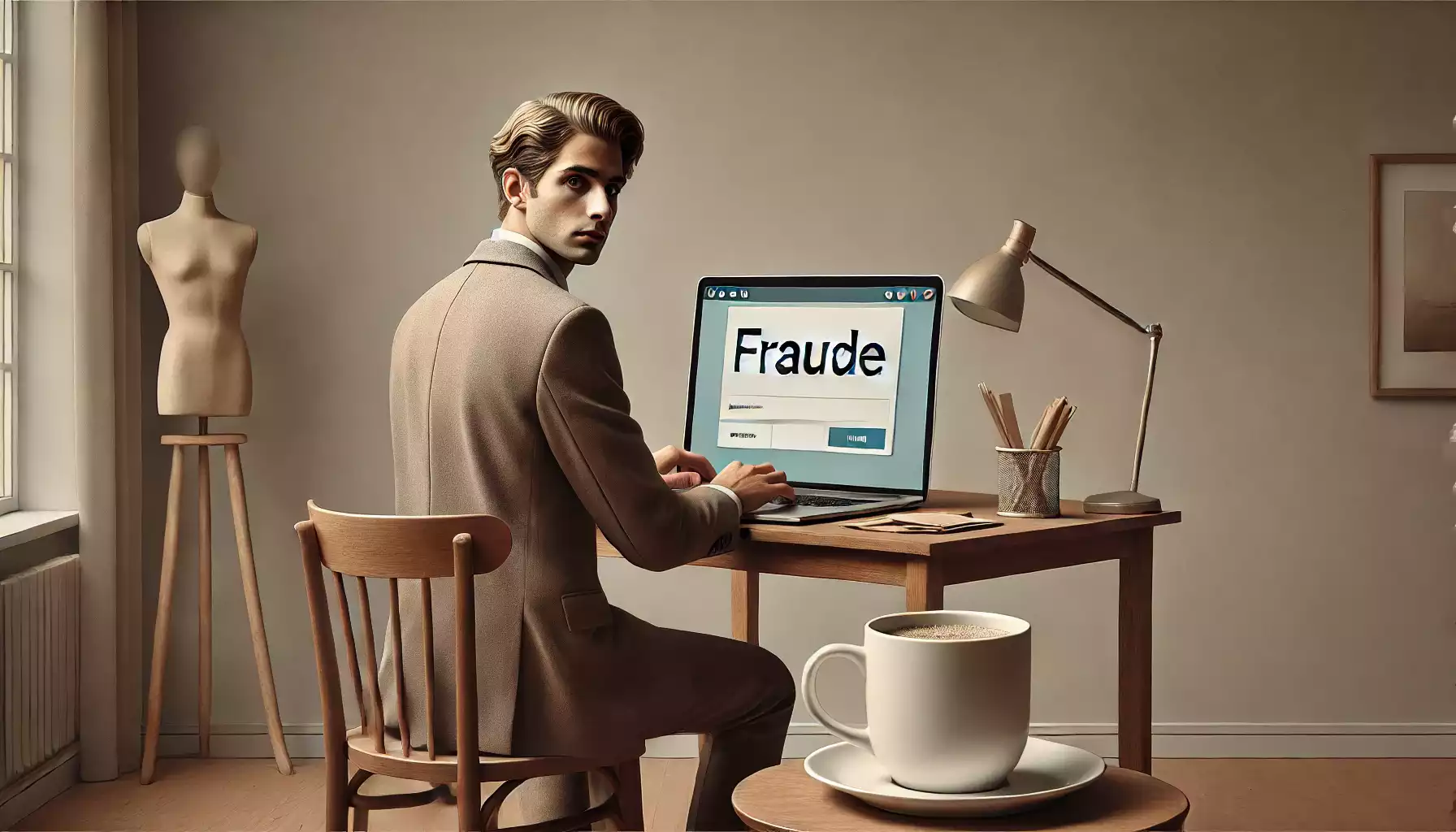Un jeune homme, en tenue professionnelle décontractée, est assis à son bureau avec un ordinateur affichant le mot "fraude". Il tourne la tête, regardant directement vers le spectateur, donnant l'impression d'être surpris en pleine action. Autour de lui, un café dans un grand gobelet blanc avec un manchon en carton craft, sur un bureau épuré dans un style surréaliste et minimaliste.