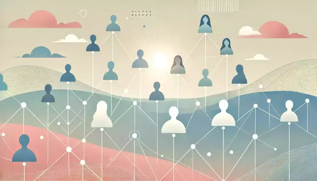 Illustration minimaliste aux tons clairs représentant des personnes interconnectées dans un réseau fluide, symbolisant le fonctionnement rassurant du MLM (marketing de réseau) basé sur la collaboration, la confiance et le soutien mutuel.