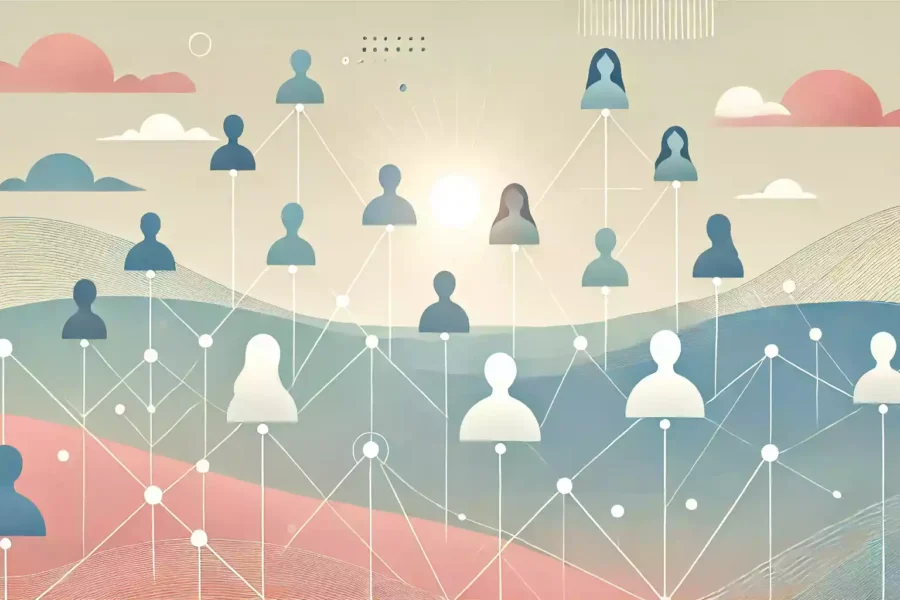 Illustration minimaliste aux tons clairs représentant des personnes interconnectées dans un réseau fluide, symbolisant le fonctionnement rassurant du MLM (marketing de réseau) basé sur la collaboration, la confiance et le soutien mutuel.