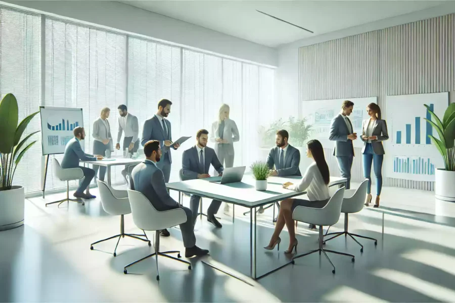 Équipe professionnelle discutant de stratégies pour prévenir les arnaques MLM dans un bureau lumineux et épuré