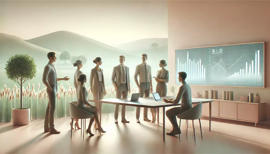 Groupe de personnes autour d'une table dans un bureau épuré, discutant de graphiques financiers sur un ordinateur portable avec un conseiller, dans une atmosphère lumineuse et rassurante.