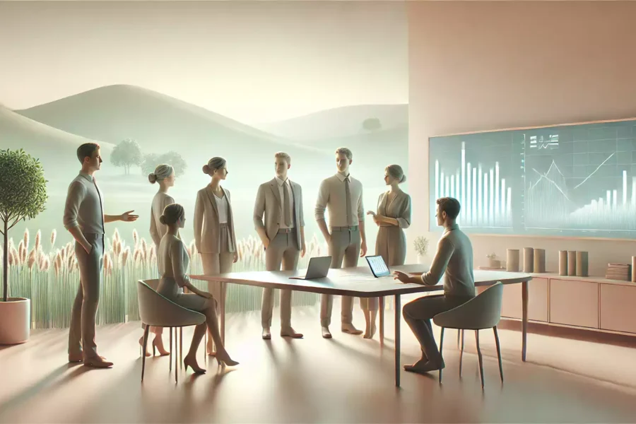 Groupe de personnes autour d'une table dans un bureau épuré, discutant de graphiques financiers sur un ordinateur portable avec un conseiller, dans une atmosphère lumineuse et rassurante.