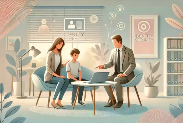 Famille consultant un professionnel dans un bureau moderne sur les démarches à suivre en cas d'usurpation d'identité.